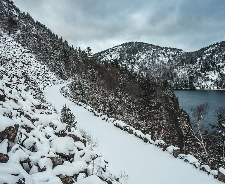 scenic view of Acadia National Park covered in snow